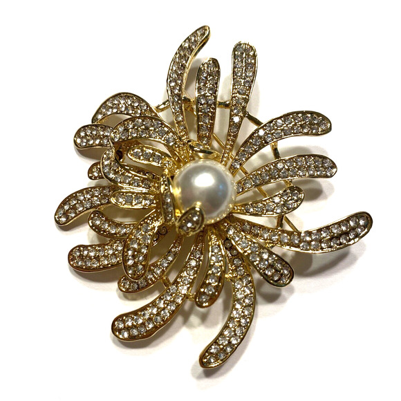 Runway Statement Gold Splash Brooch White Rhinestones & Faux Pearl Bead Mod Art - Picture 3 of 7